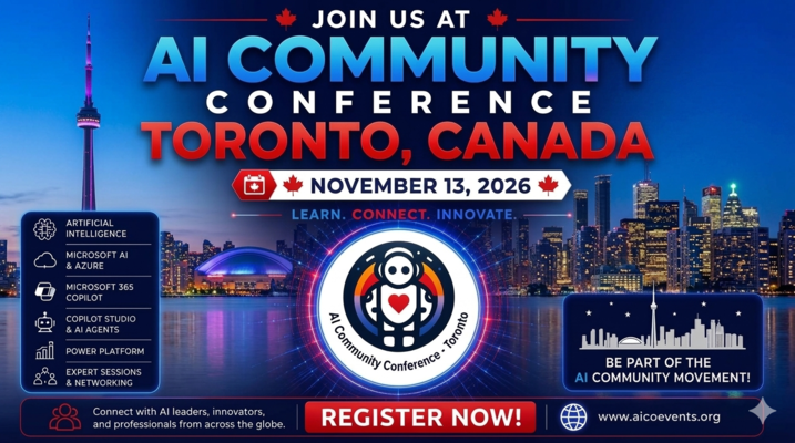 AI Community Conference Toronto, Canada banner — Join us at AI Community Conference, November 13, 2026, Learn. Connect. Innovate.